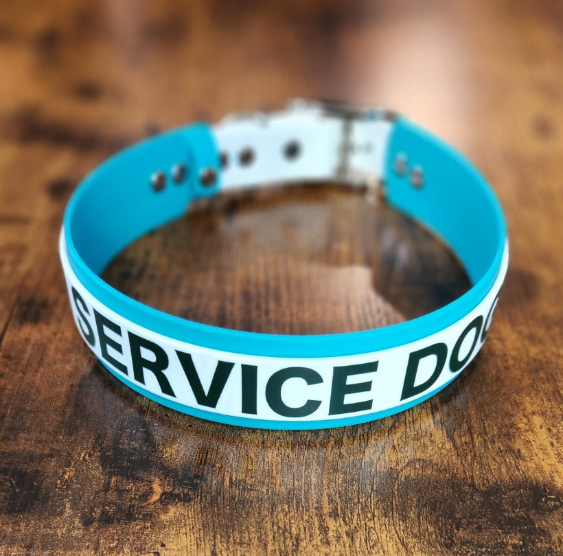 teal and white biothane layered dog collar with service dog text