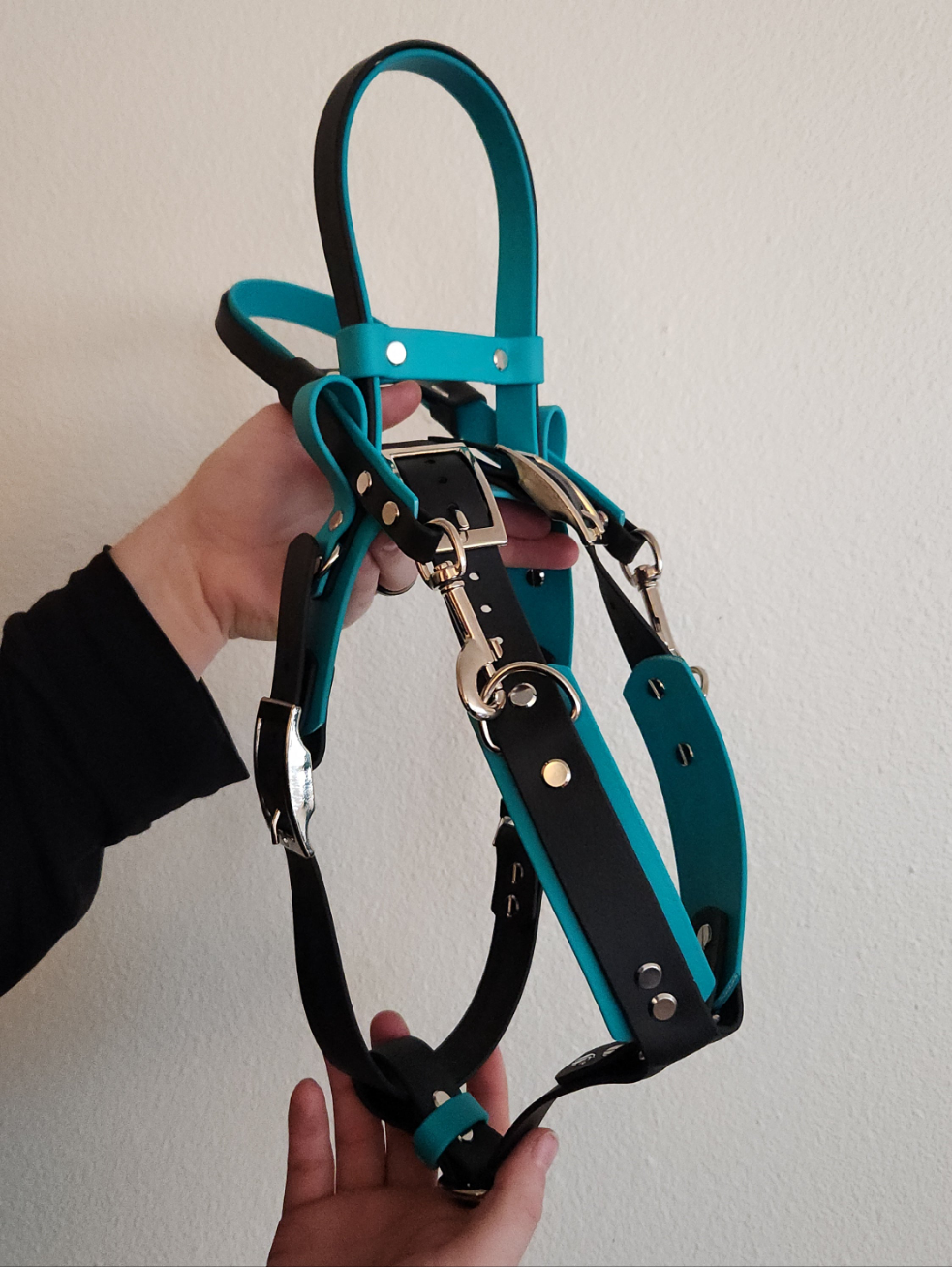 teal and black biothane y-front service dog harness with built-in counterbalance handle and detachable pull strap