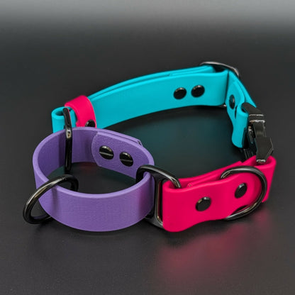 teal pink and purple biothane martingale dog collar with quick release buckle