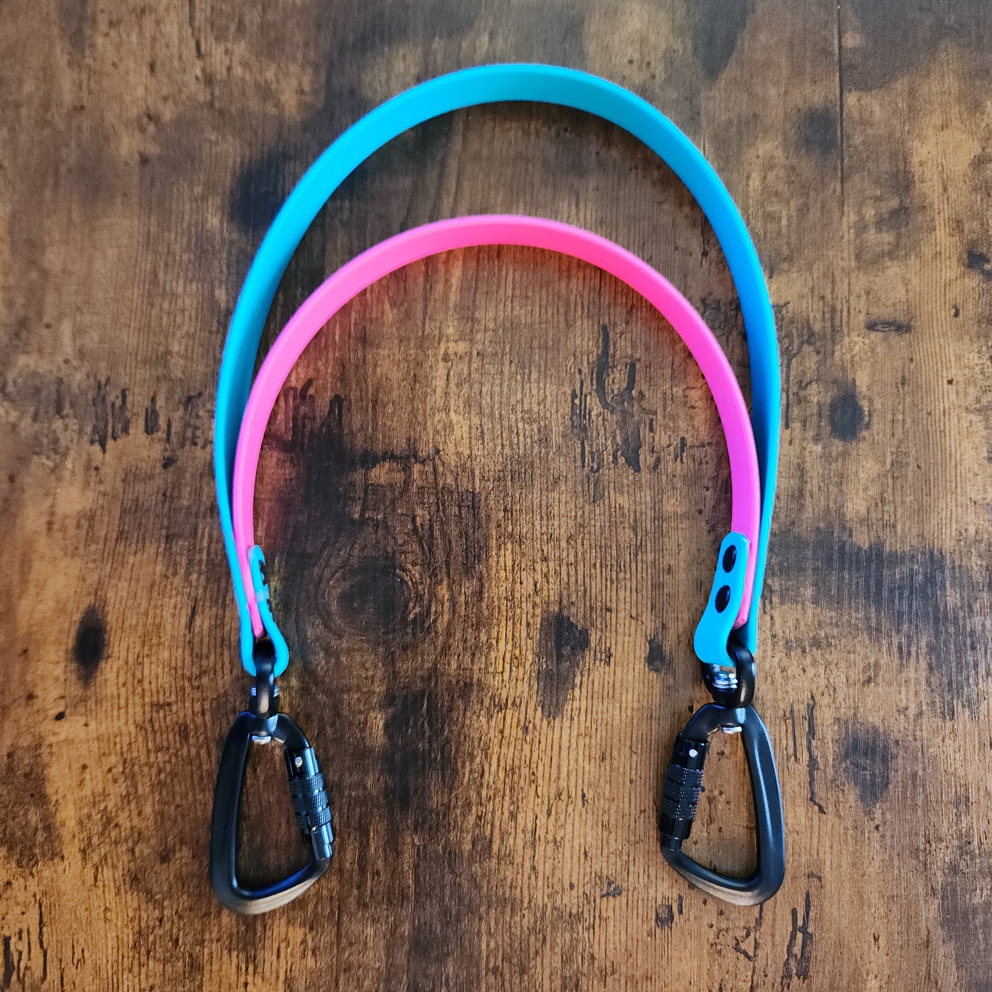 teal and pink biothane double pull strap with twist lock carabiners