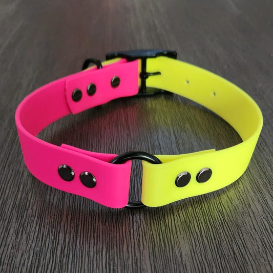 yellow and pink biothane dog collar with tag ring