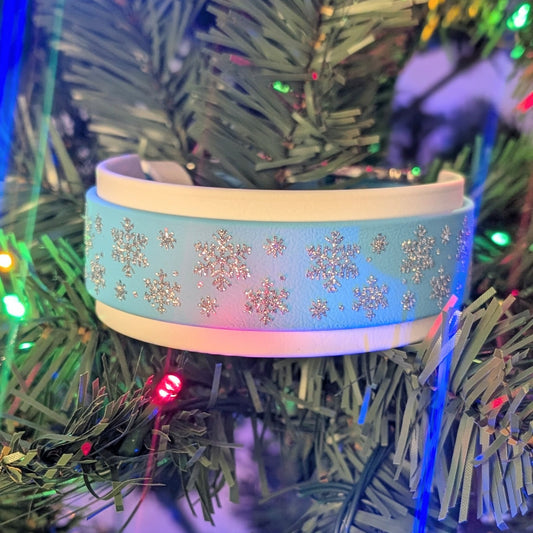 white and light blue layered biothane christmas collar for dogs with glitter snowflakes