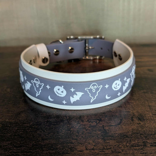 white and gray layered biothane halloween dog collar