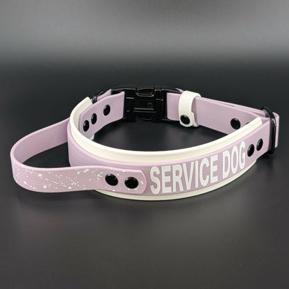 white and lavender layered biothane service dog collar with tactical handle and quick release buckle