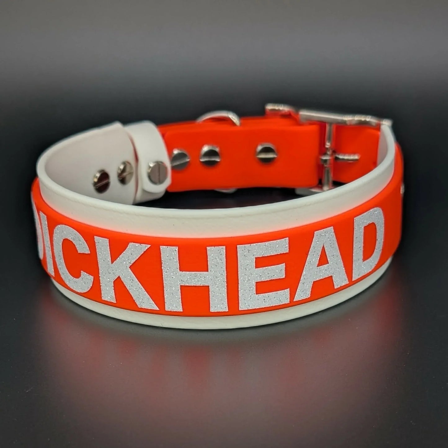 dickhead white and orange layered biothane dog collar 