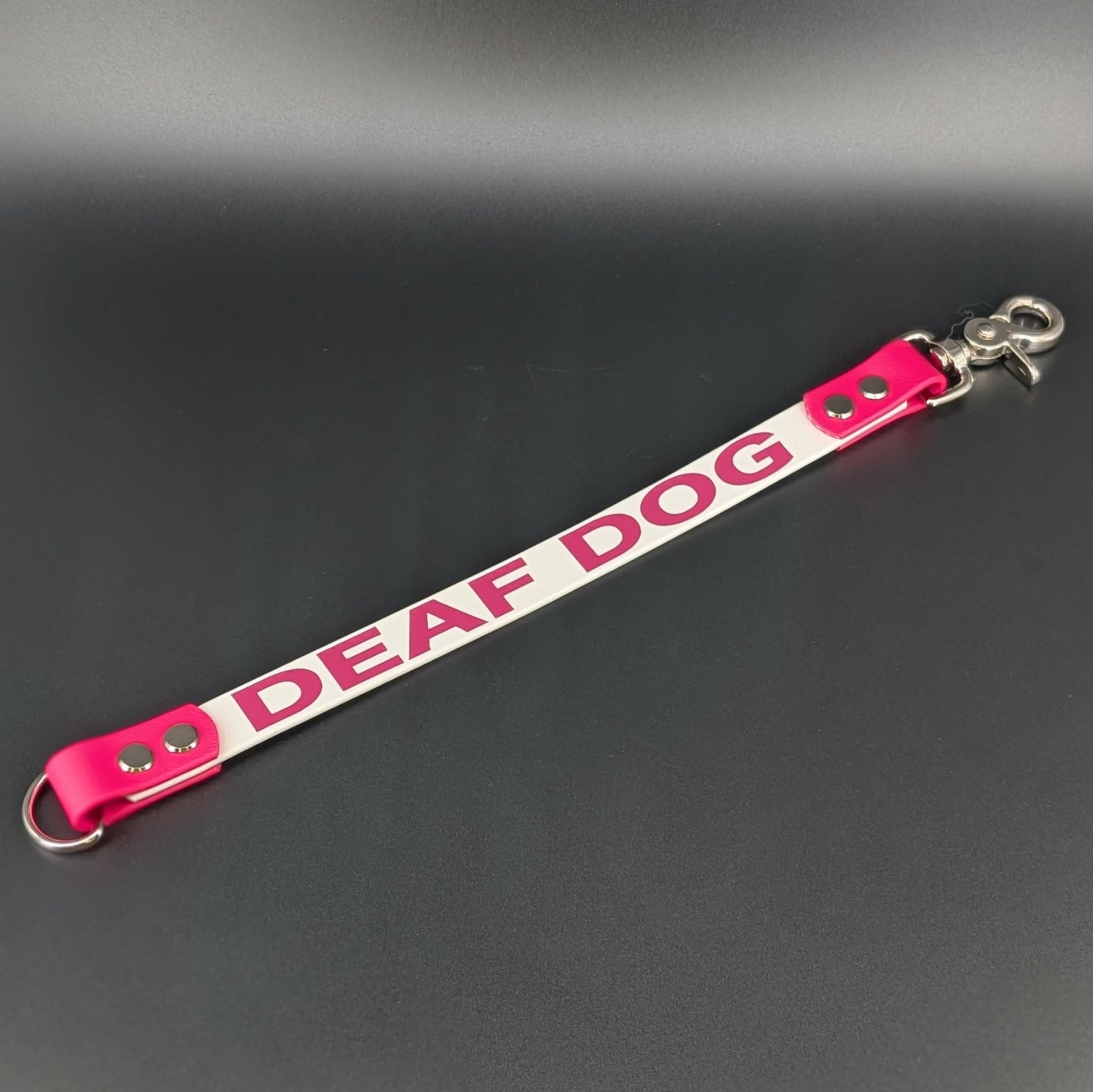 white and pink biothane leash extender warning deaf dog