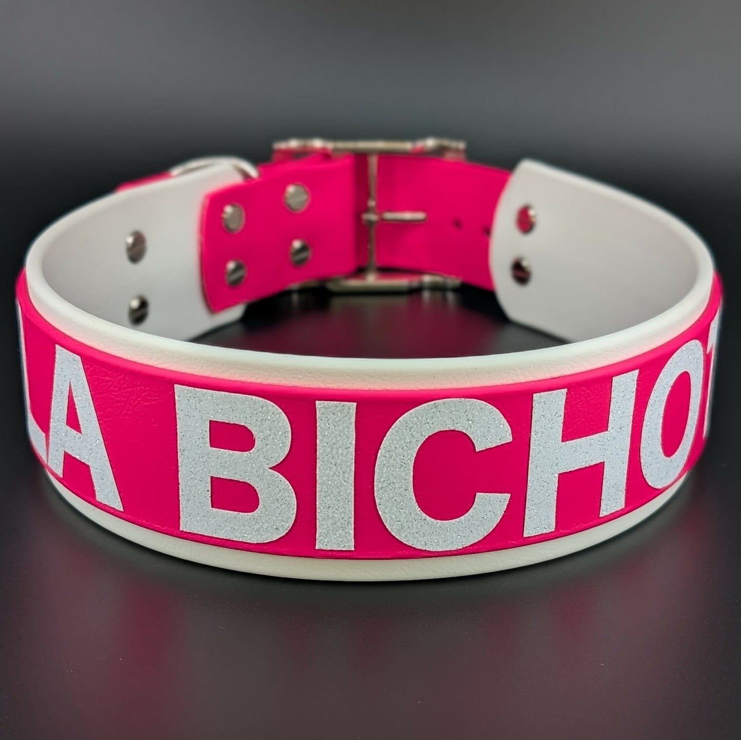 white and pink layered biothane dog collar with custom glitter text