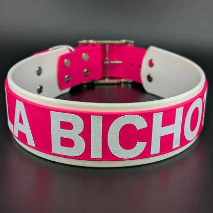 white and pink layered biothane dog collar with custom glitter text
