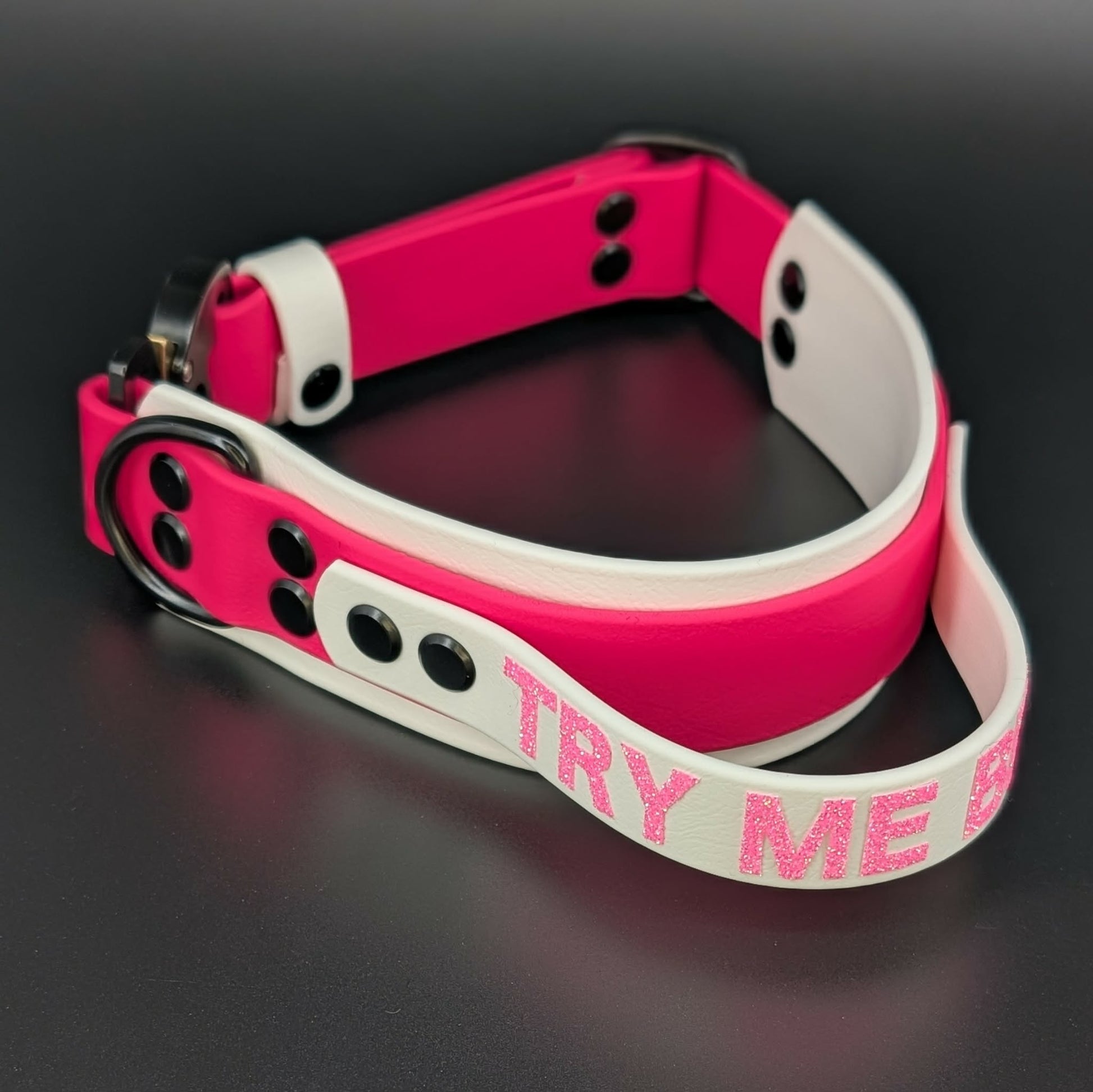 white and pink layered biothane dog collar with quick release cobra buckle and try me bitch text on a tactical handle