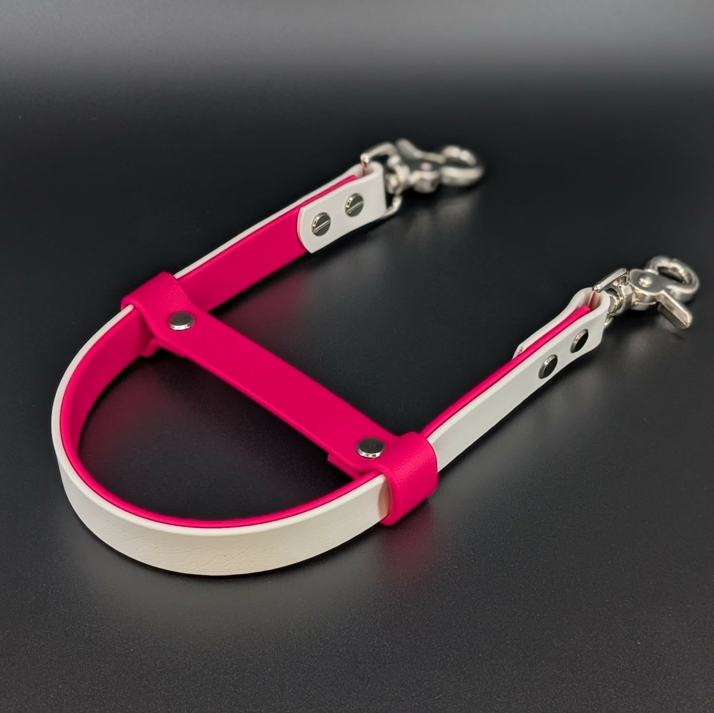 white and pink layered biothane pull strap for service dog task
