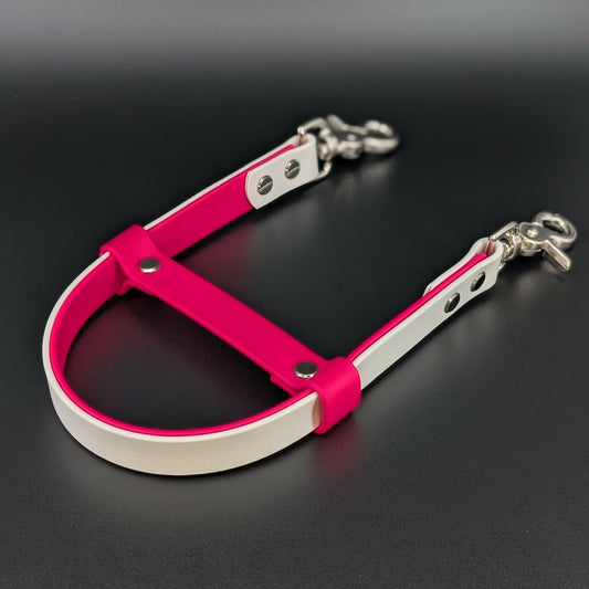 white and pink layered biothane pull strap for service dog task