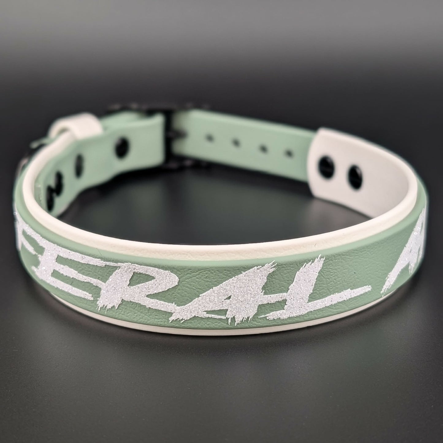 white and sage green layered biothane feral af collar