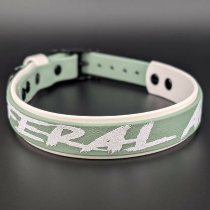 white and sage green layered biothane feral af collar
