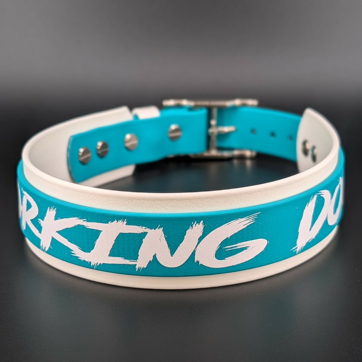 white and teal layered biothane working dog collar