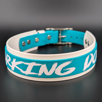 white and teal layered biothane working dog collar