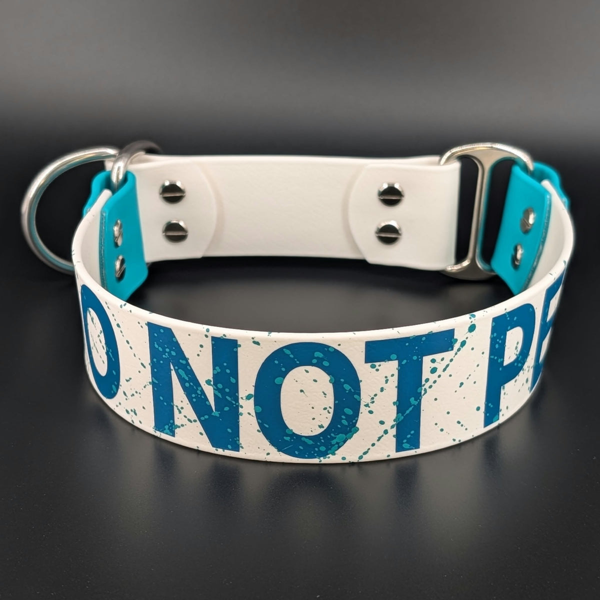 white and teal limited slip do not pet dog collar with splatter paint