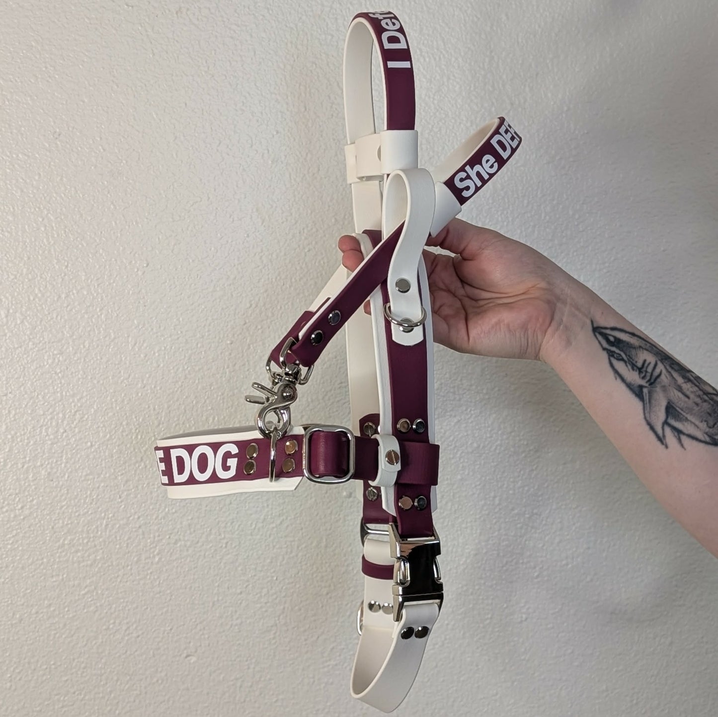 white and wine biothane straight front service dog harness with counterbalance and pull strap