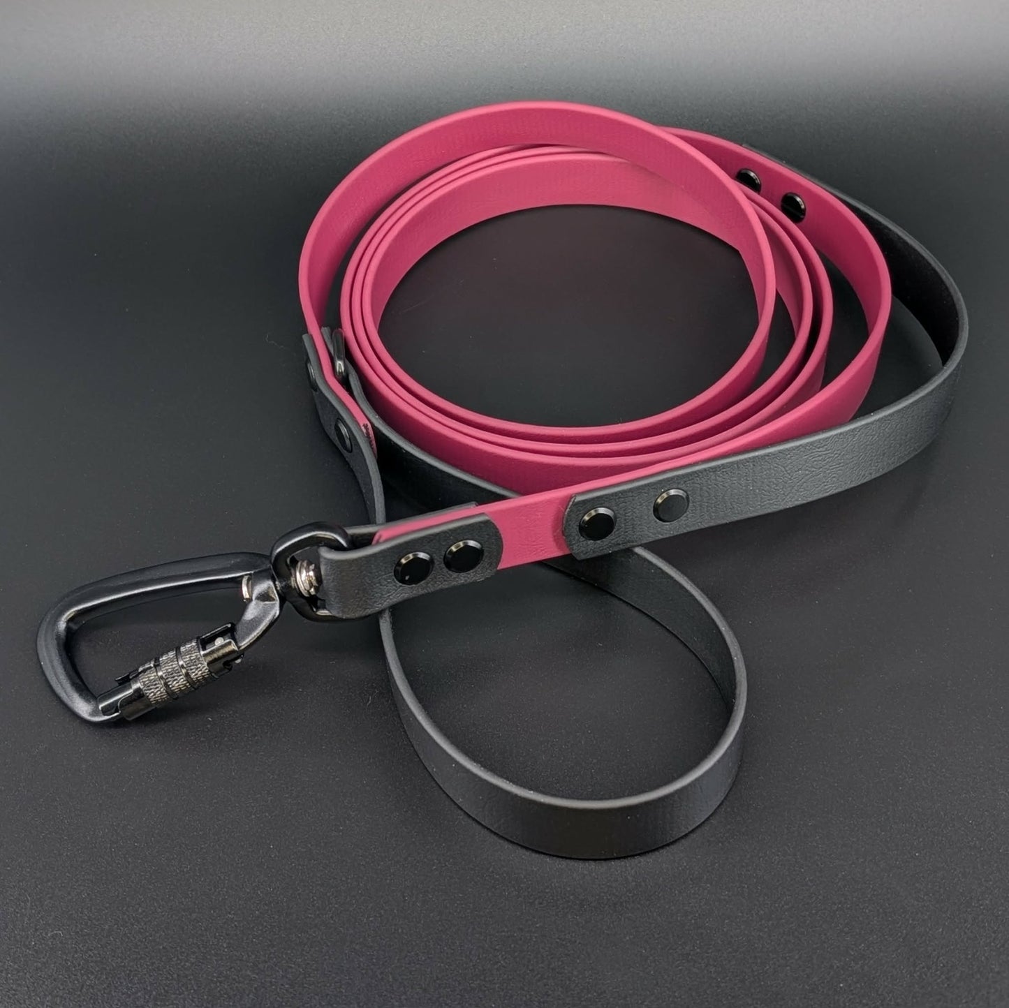 wine and black biothane dog leash with traffic handle and carabiner clip