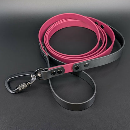 wine and black biothane dog leash with traffic handle and carabiner clip