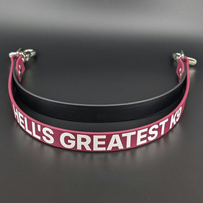 wine and black biothane double pull strap for service dog momentum pulling task with personalized text
