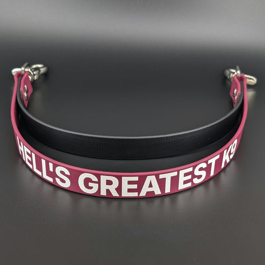 wine and black biothane double pull strap for service dog momentum pulling task with personalized text