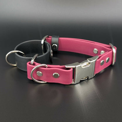 wine and black biothane martingale dog collar with silver quick release buckle