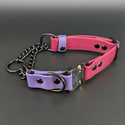 wine and dark purple biothane and black chain martingale dog collar with black quick release cobra buckle