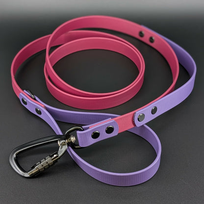 wine and dark purple biothane dog leash with traffic handle and auto locking carabiner clip that twists to unlock and open