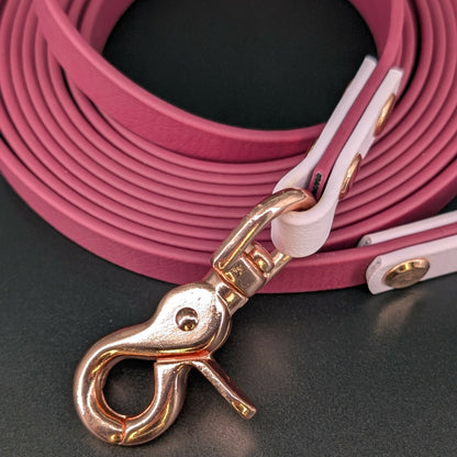 wine and lavender biothane dog leash with rose gold hardware