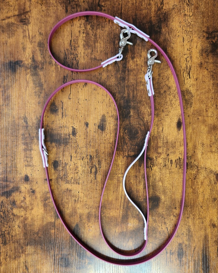 wine and lavender biothane hands free dog leash with built in traffic handle