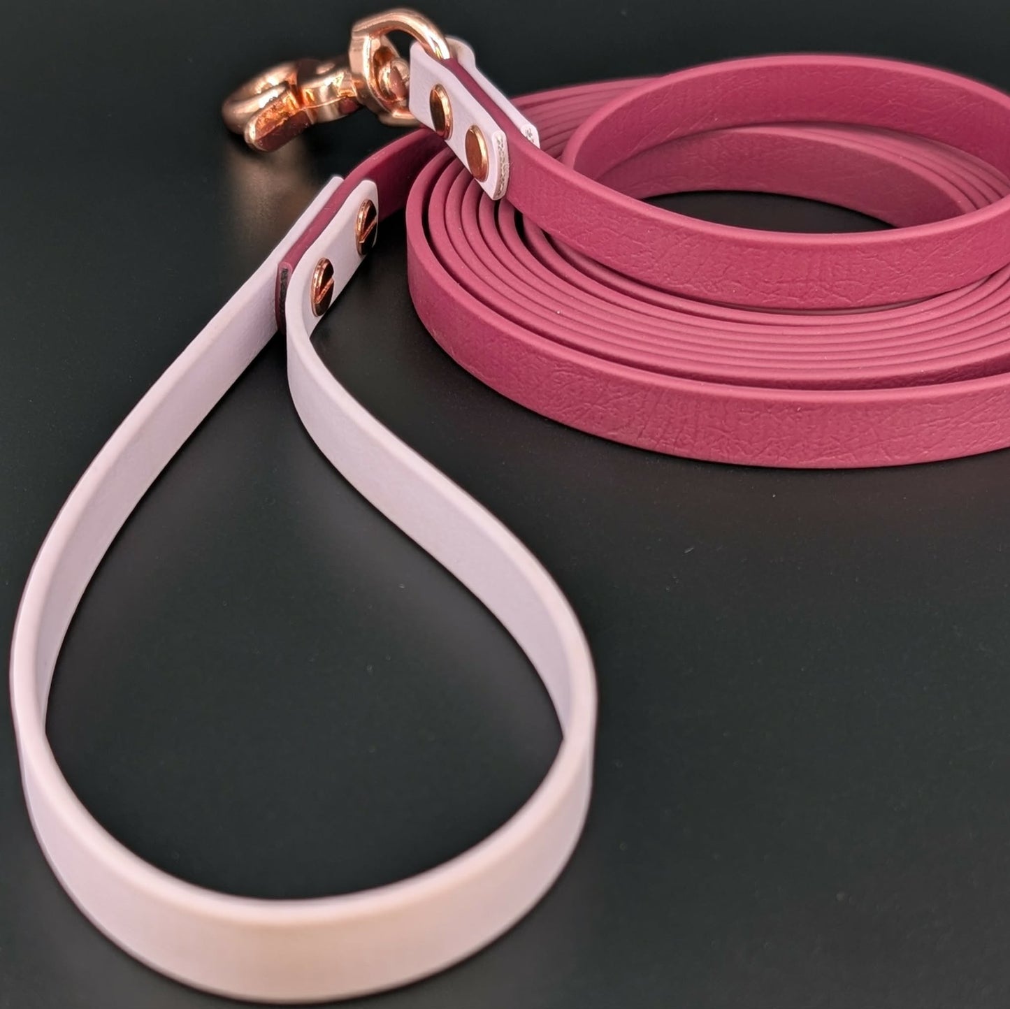 wine and lavender biothane leash with rose gold hardware