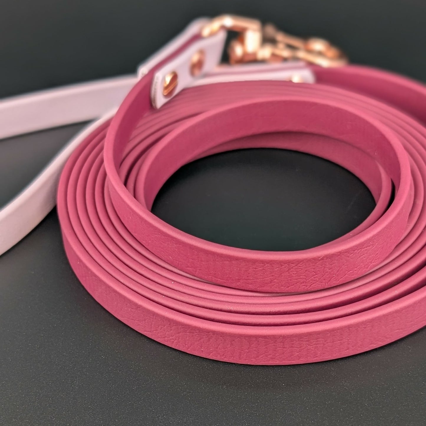 wine and lavender biothane long line with rose gold hardware