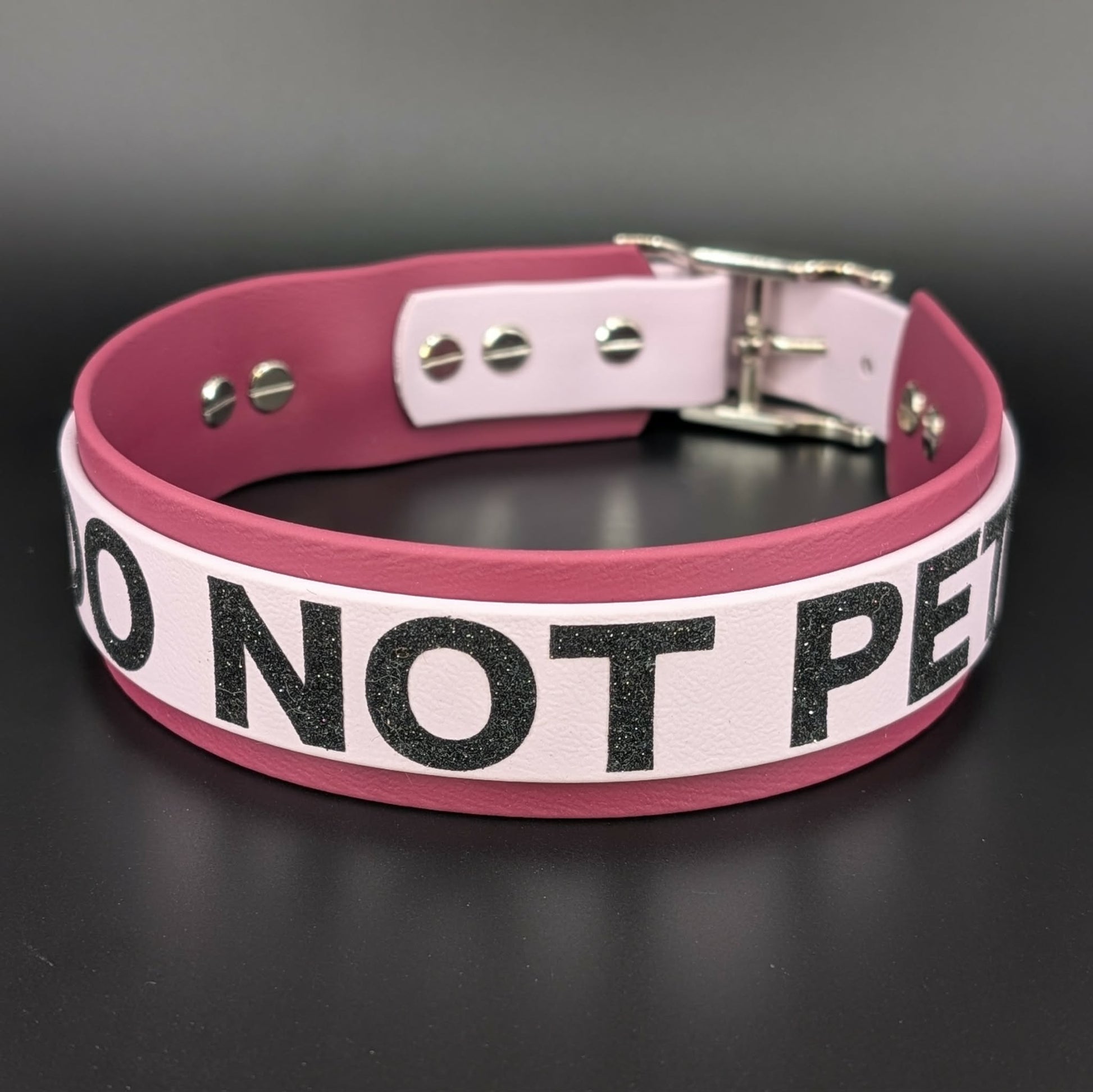 wine and lavender layered biothane dog collar with do not pet glitter text