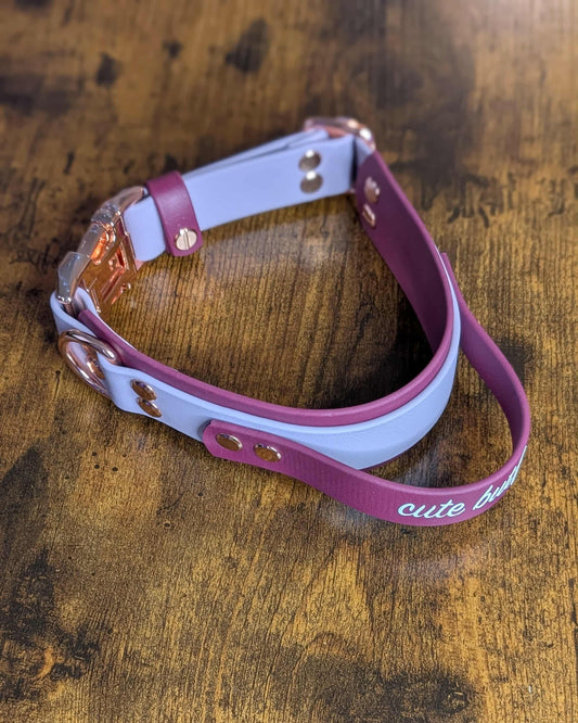 wine and lavender layered biothane tactical handle dog collar with rose gold hardware