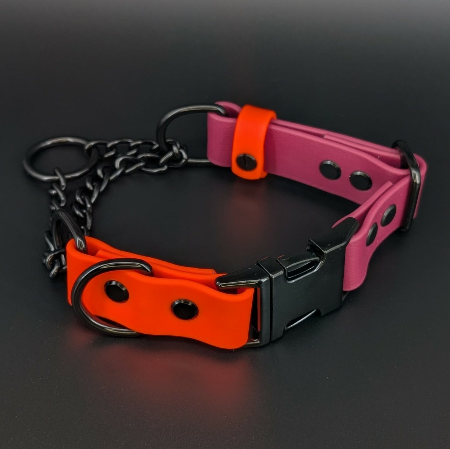 wine and orange biothane chain martingale dog collar with quick release buckle