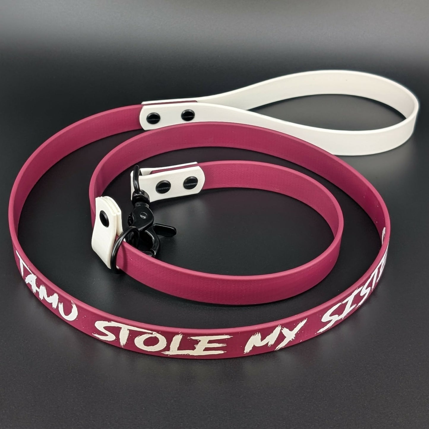 wine and white biothane slip leash with quick release clip and custom text