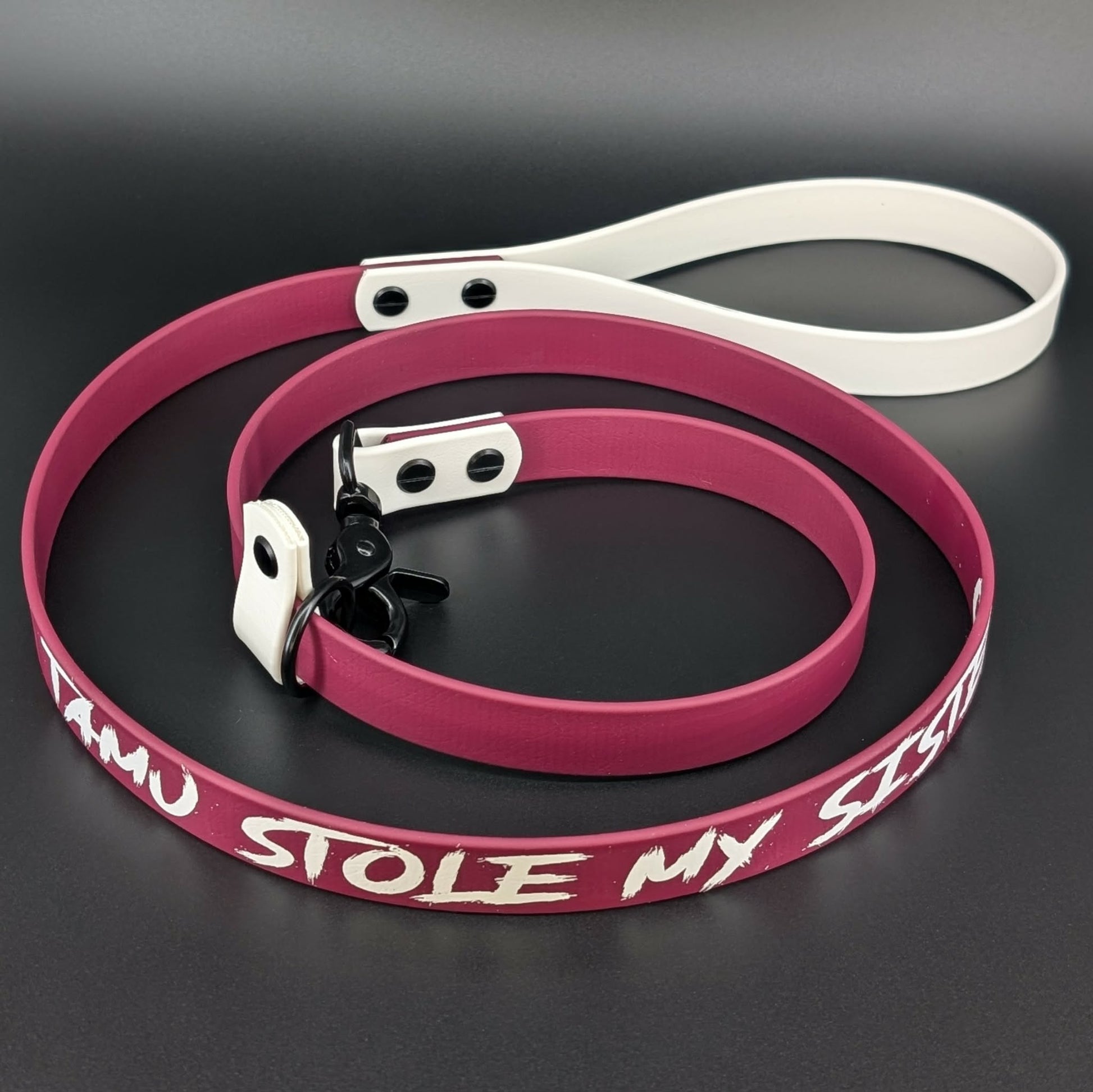 wine and white biothane slip leash with quick release clip and custom text