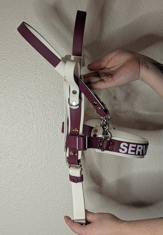 wine and white biothane straight front service dog harness