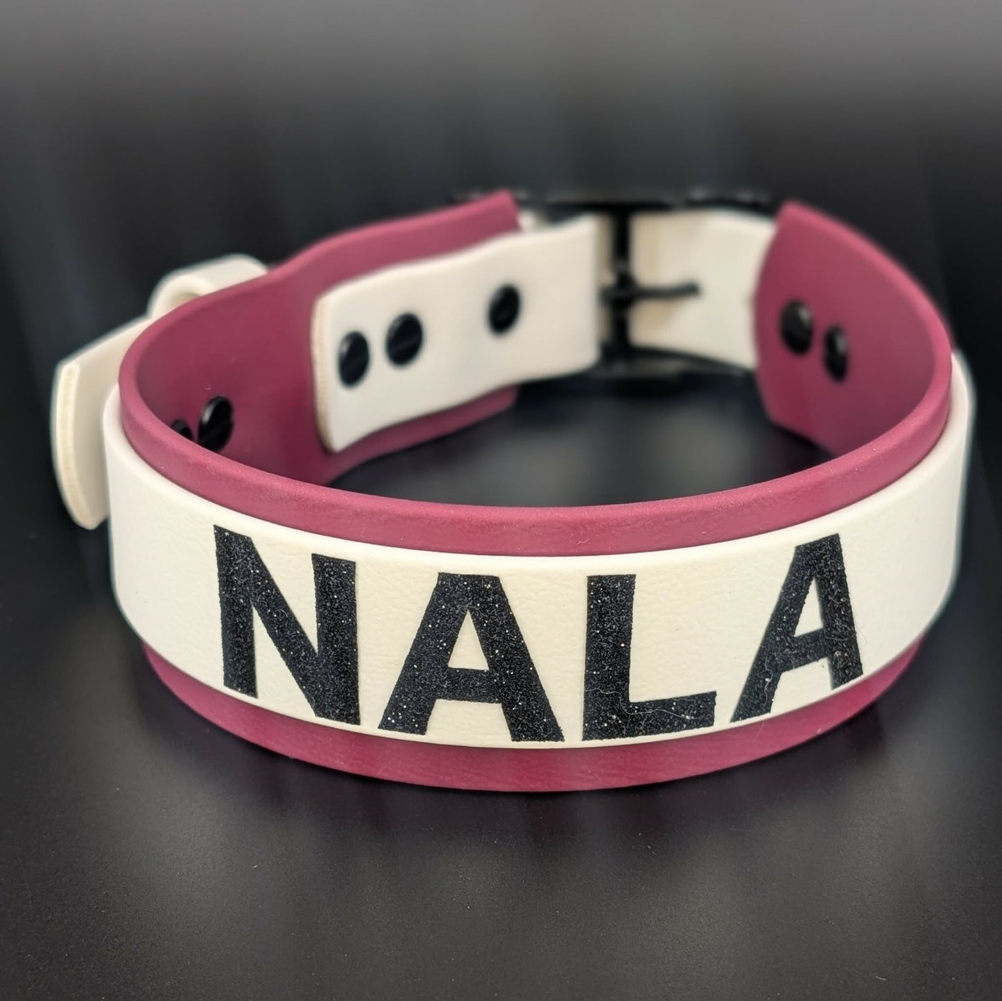 wine and white layered biothane dog collar with custom glitter text