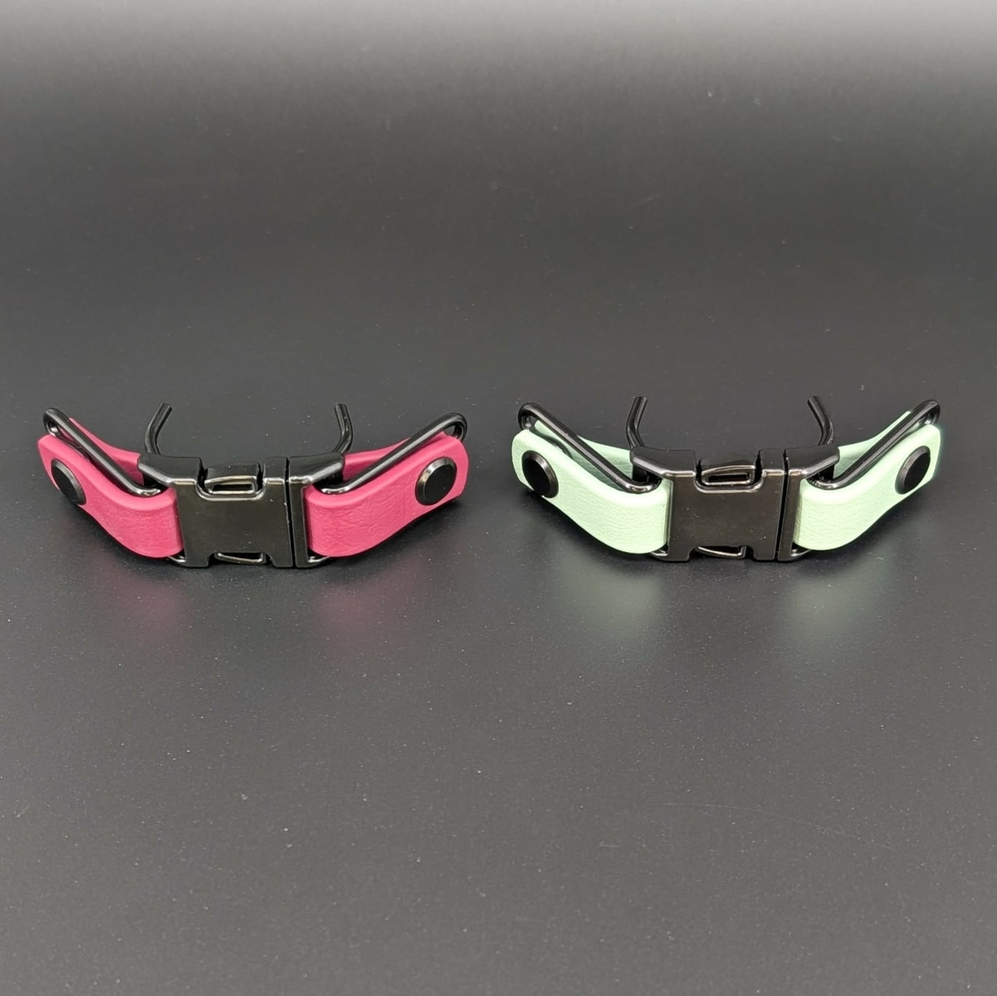 wine biothane with black hardware and sage green biothane with black hardware quick release buckle attachments for prong collars