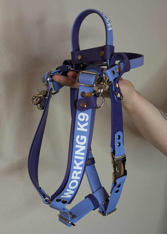 working k9 service dog harness purple and periwinkle biothane counterbalance pull strap