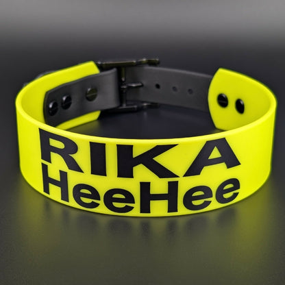 yellow and black tapered biothane dog collar with custom text
