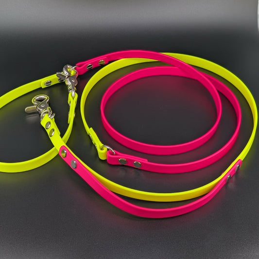 yellow and pink biothane hands free dog leash with built in traffic handle