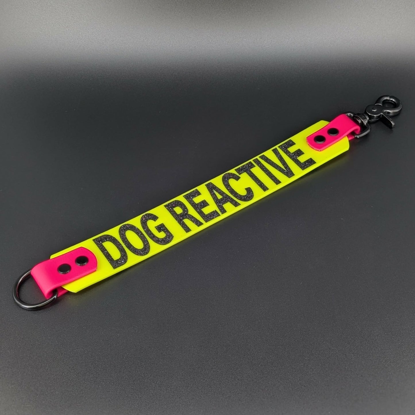 yellow and pink biothane leash extender warning dog reactive