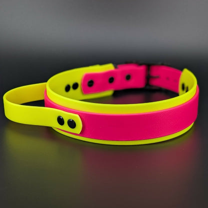 yellow and pink layered biothane dog collar with tactical handle