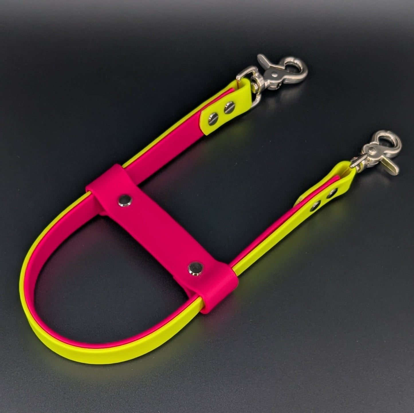 yellow and pink layered biothane pull strap for service dog
