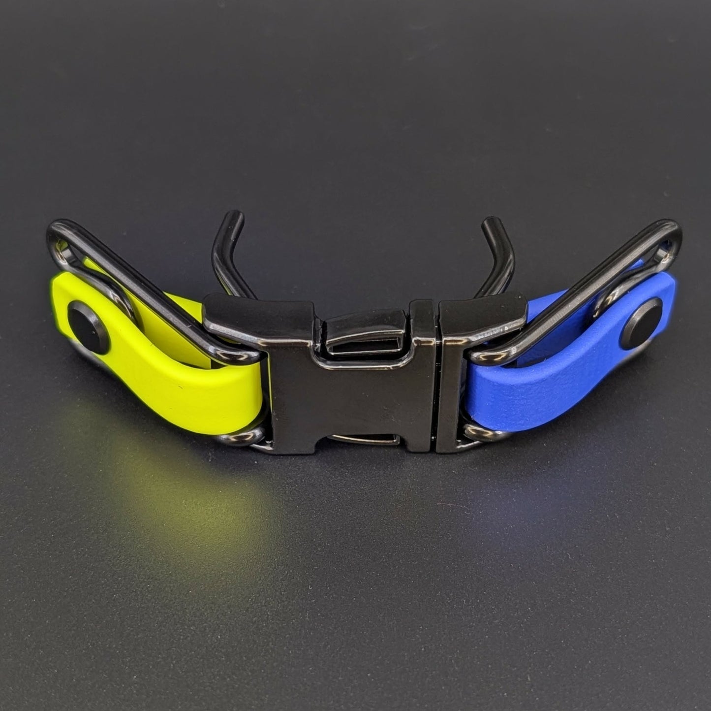 yellow and royal blue biothane with black hardware prong collar quick release buckle attachment