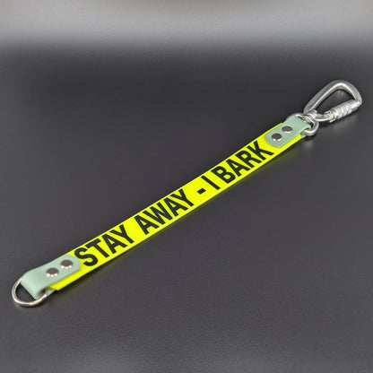 yellow and sage green biothane leash extender with stay away I bark text and silver carabiner clip