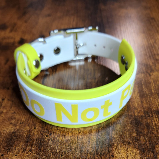 yellow and white layered biothane do not pet text dog collar