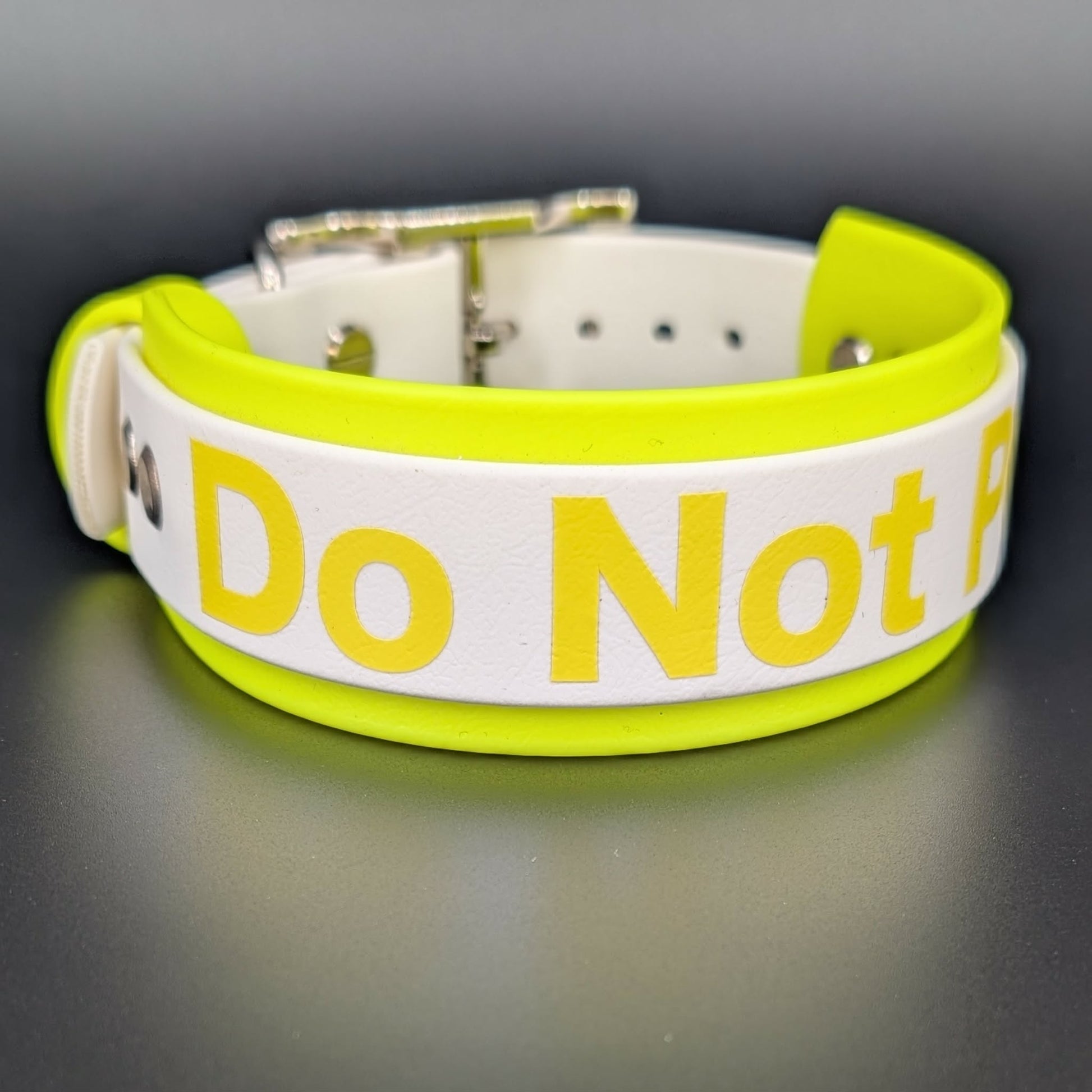 yellow and white layered biothane dog collar with do not pet text